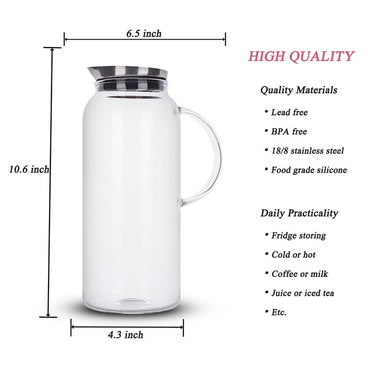 Purefold 68 Ounces Glass Pitcher with Lid, Hot/Cold Water jug for Coffee, Lemonade, Iced Sun Tea,Beverage, Milk - Image 3